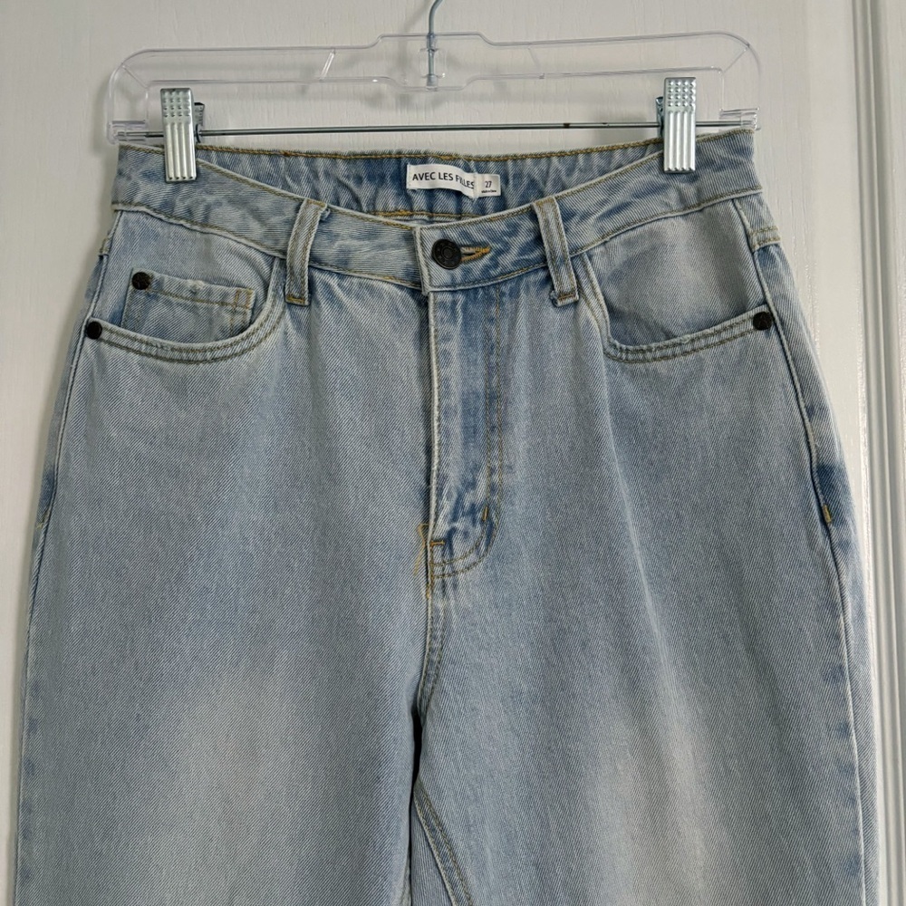 Avec Les Filles Slit Hem Straight Leg Distressed High Rise Jeans Sz 27 - Picture 3 of 8